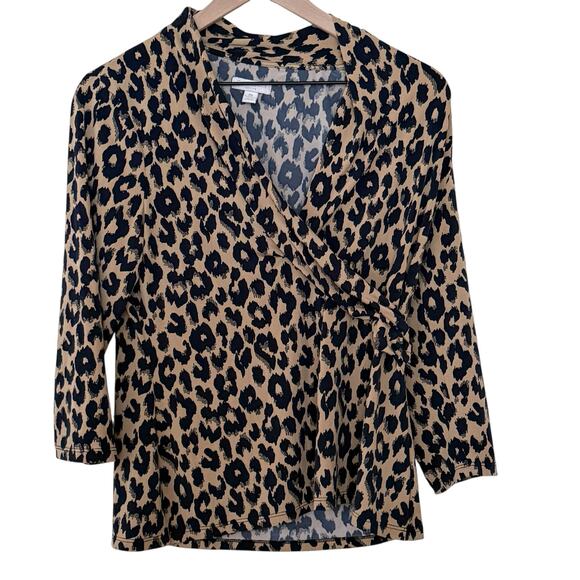 Charter Club Brown Leopard Print V Neck Quarter Sleeve Blouse Womans Size PM - Picture 1 of 7